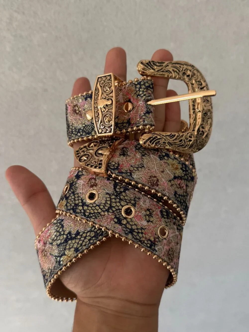 Pink Floral Jacquard Gold Western Buckle Belt